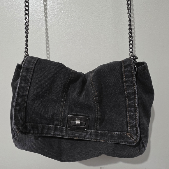 Black Denim Acid Wash Foldover Shoulder Bag - Picture 3 of 11